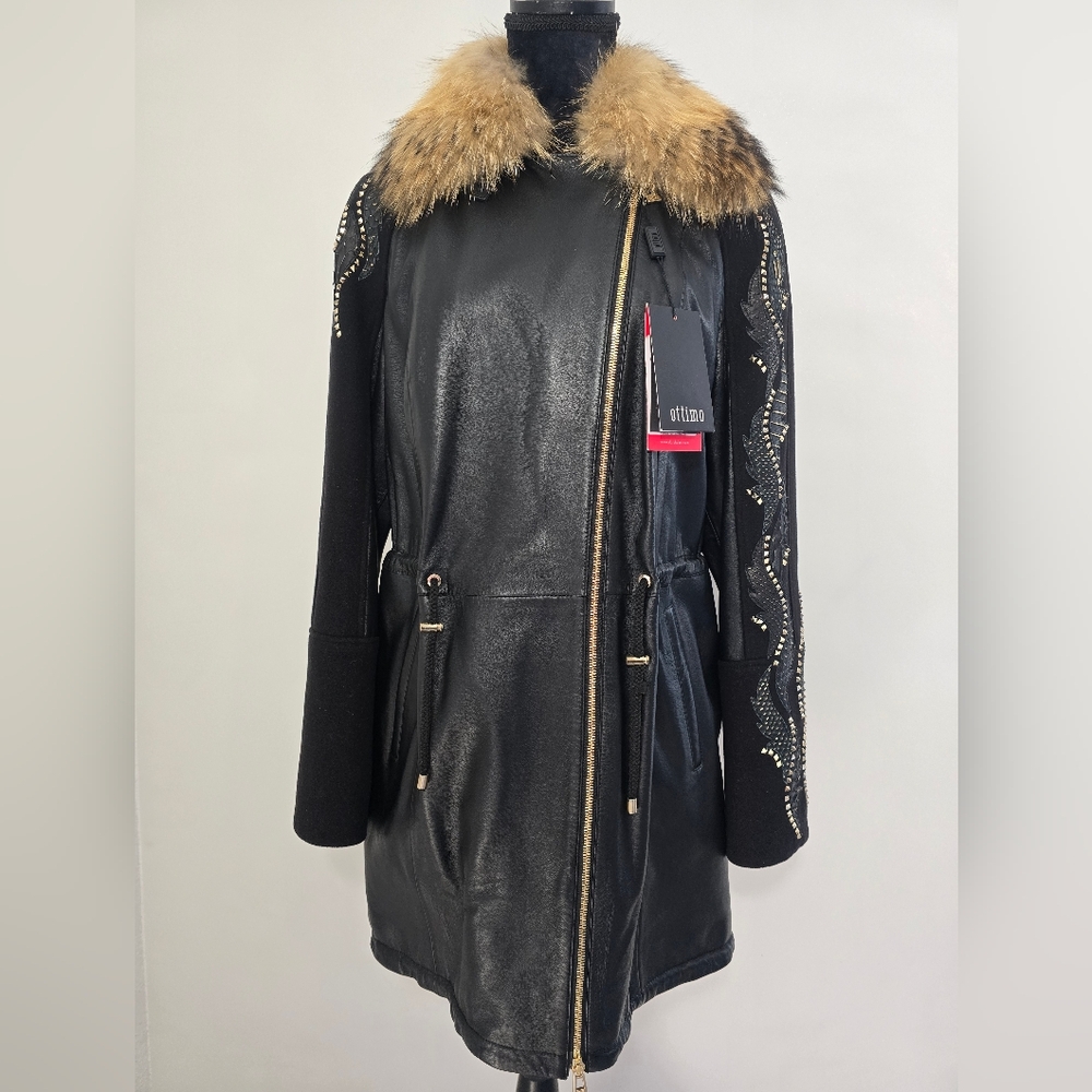 Elegant Black Leather Jacket with Fur Trim